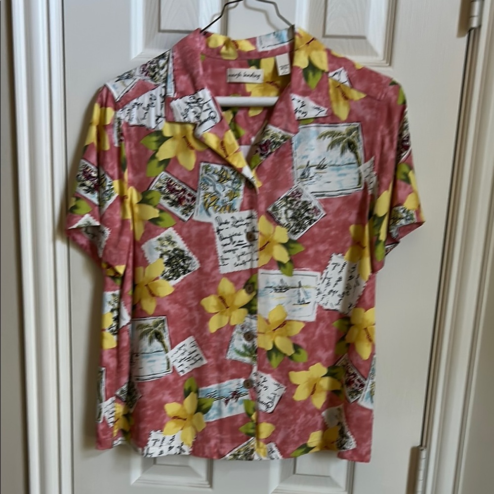 Marsh Landing Pink and Yellow Casual Button Down Shirt with Tropical Print